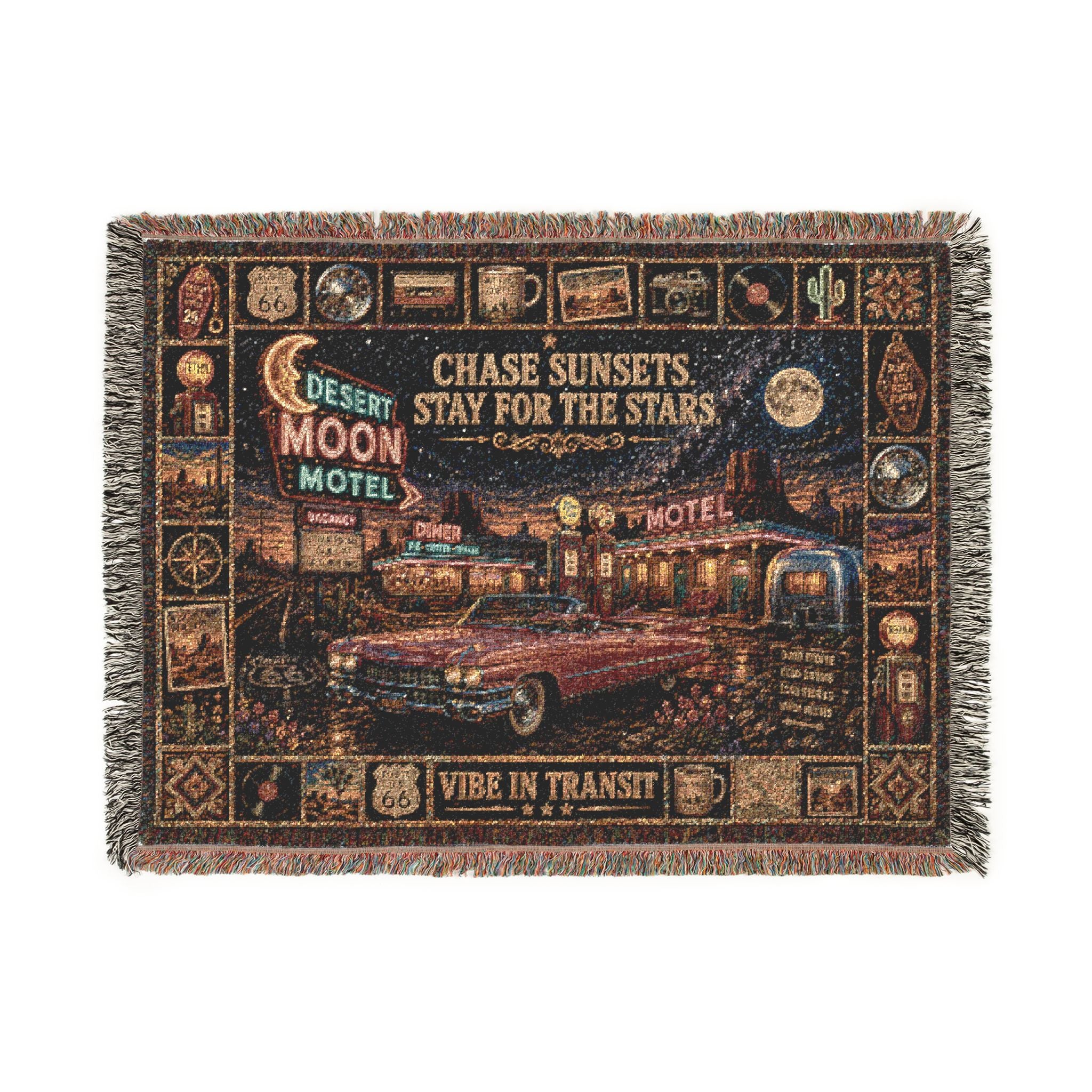 Desert Moon Motel™ | Premium Woven Blanket | Vintage Neon Highway Tapestry | 80" × 60" | Vibe In Transit