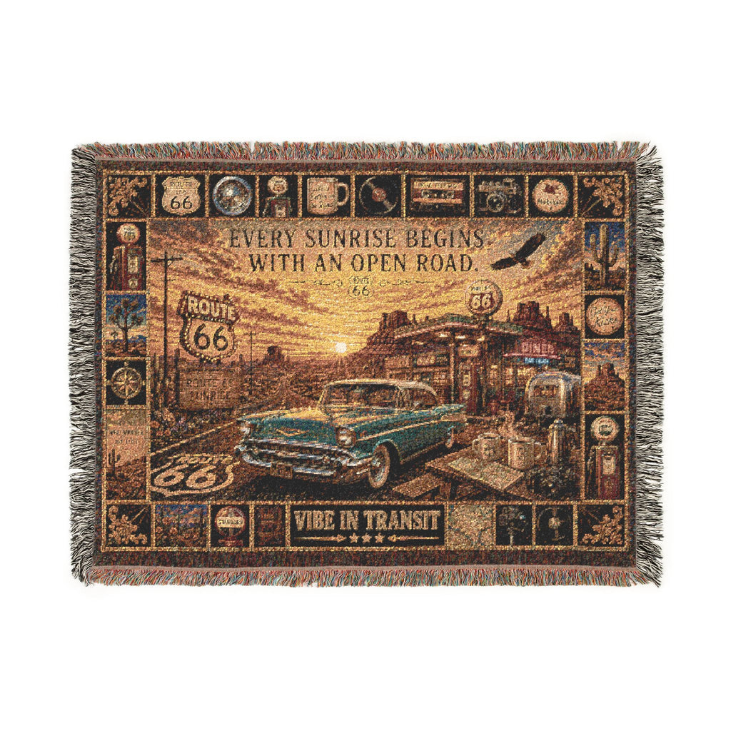 Route 66 Sunrise™ | Premium Woven Blanket | Vintage Americana Road Trip Tapestry | 80" × 60" | Vibe In Transit