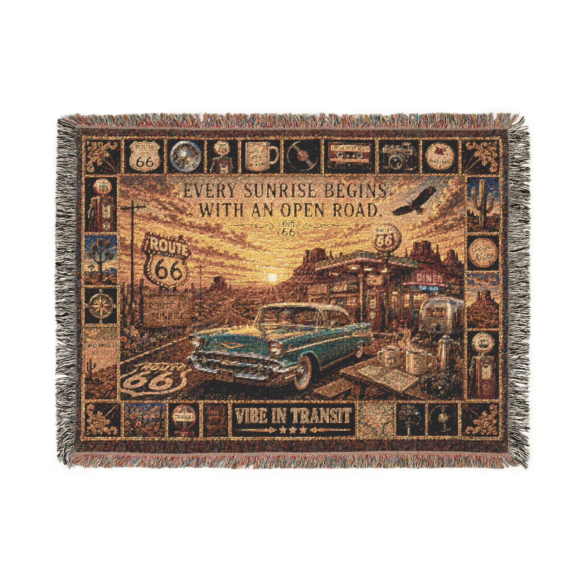 Route 66 Sunrise™ | Premium Woven Blanket | Vintage Americana Road Trip Tapestry | 80" × 60" | Vibe In Transit