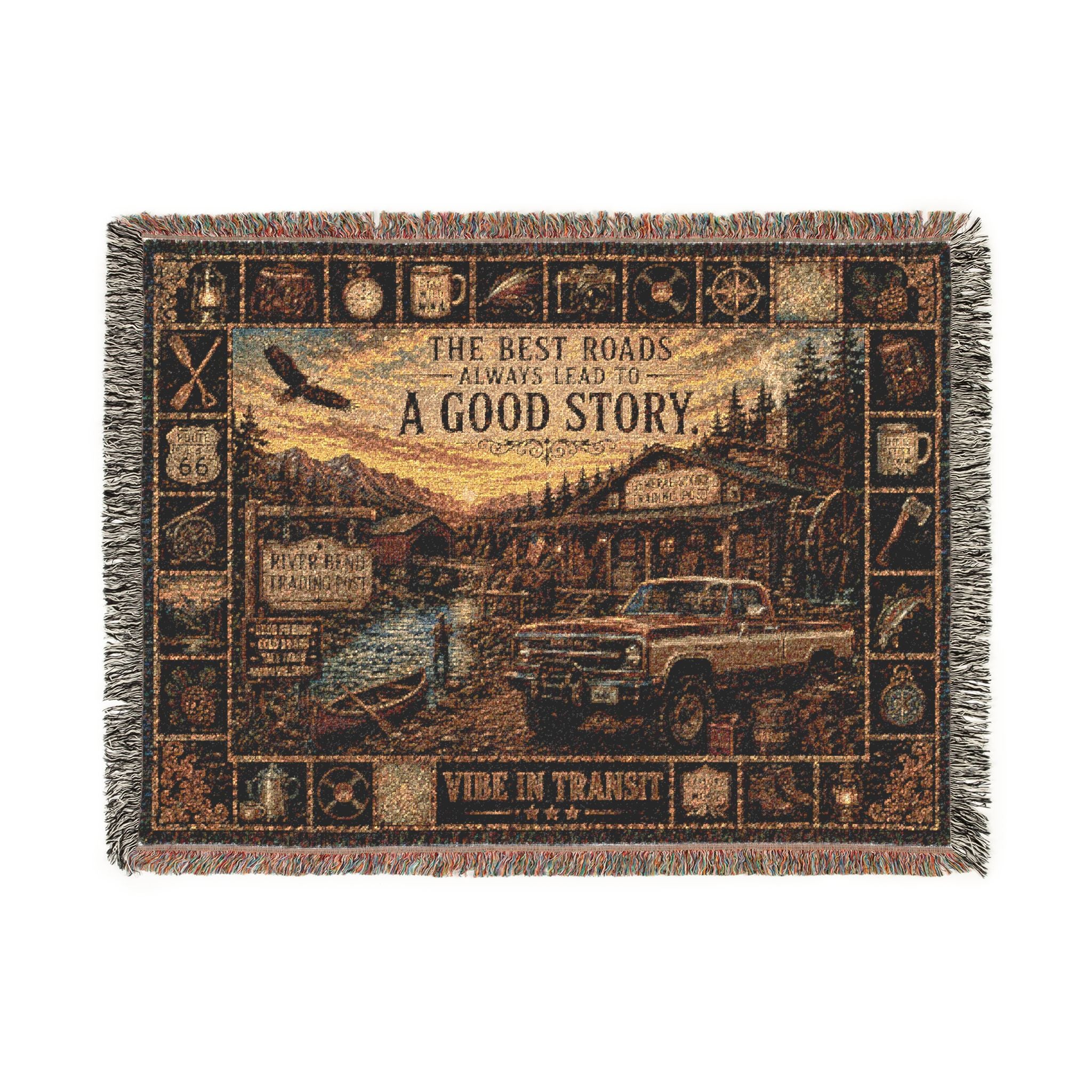 River Bend Trading Post™ | Premium Woven Blanket | Vintage Trading Post Tapestry | 80" × 60" | Vibe In Transit