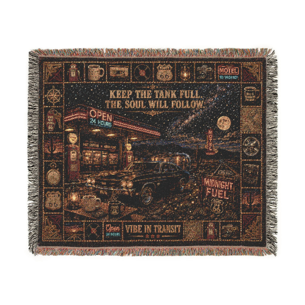 Midnight Fuel™ | Premium Woven Blanket | Vintage 24-Hour Road Trip Tapestry | 60" × 50" | Vibe In Transit