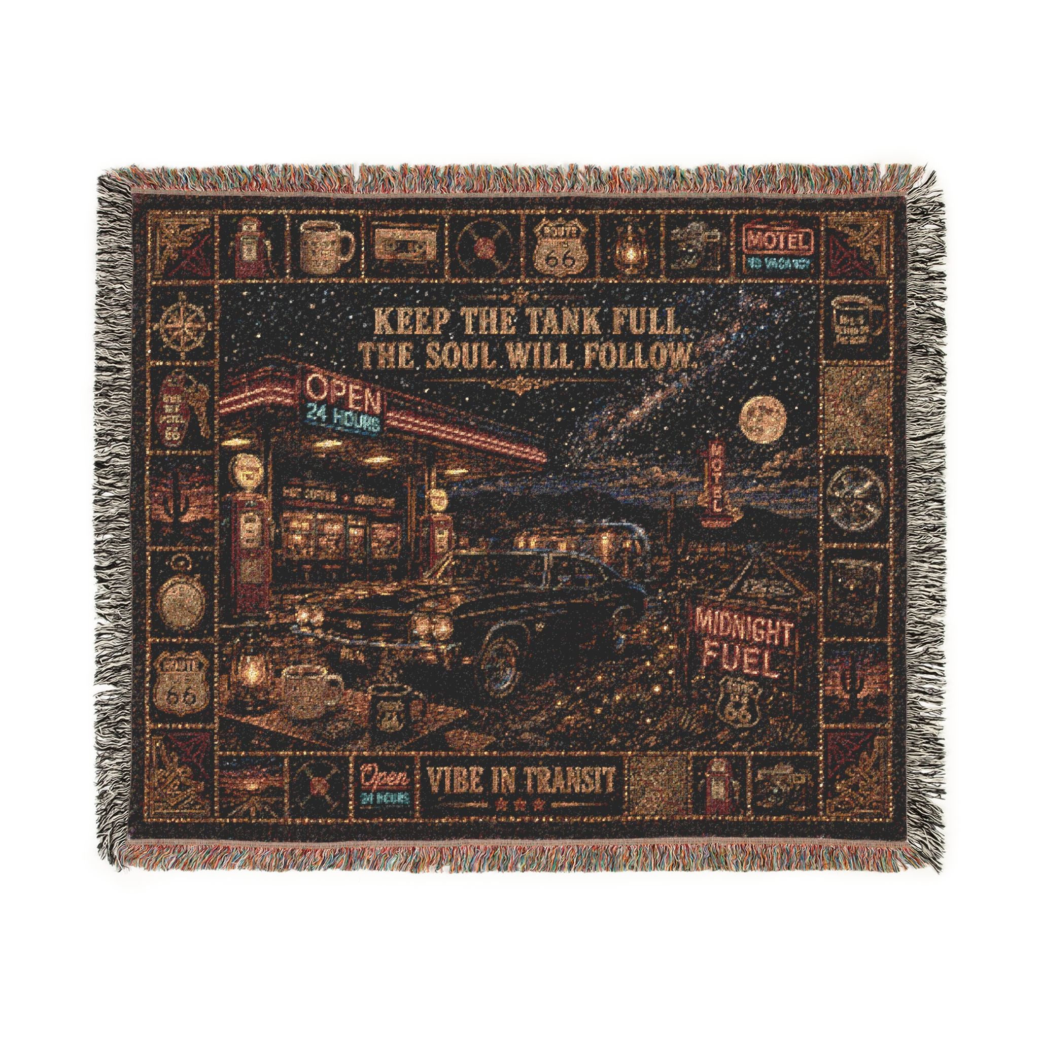 Midnight Fuel™ | Premium Woven Blanket | Vintage 24-Hour Road Trip Tapestry | 60" × 50" | Vibe In Transit