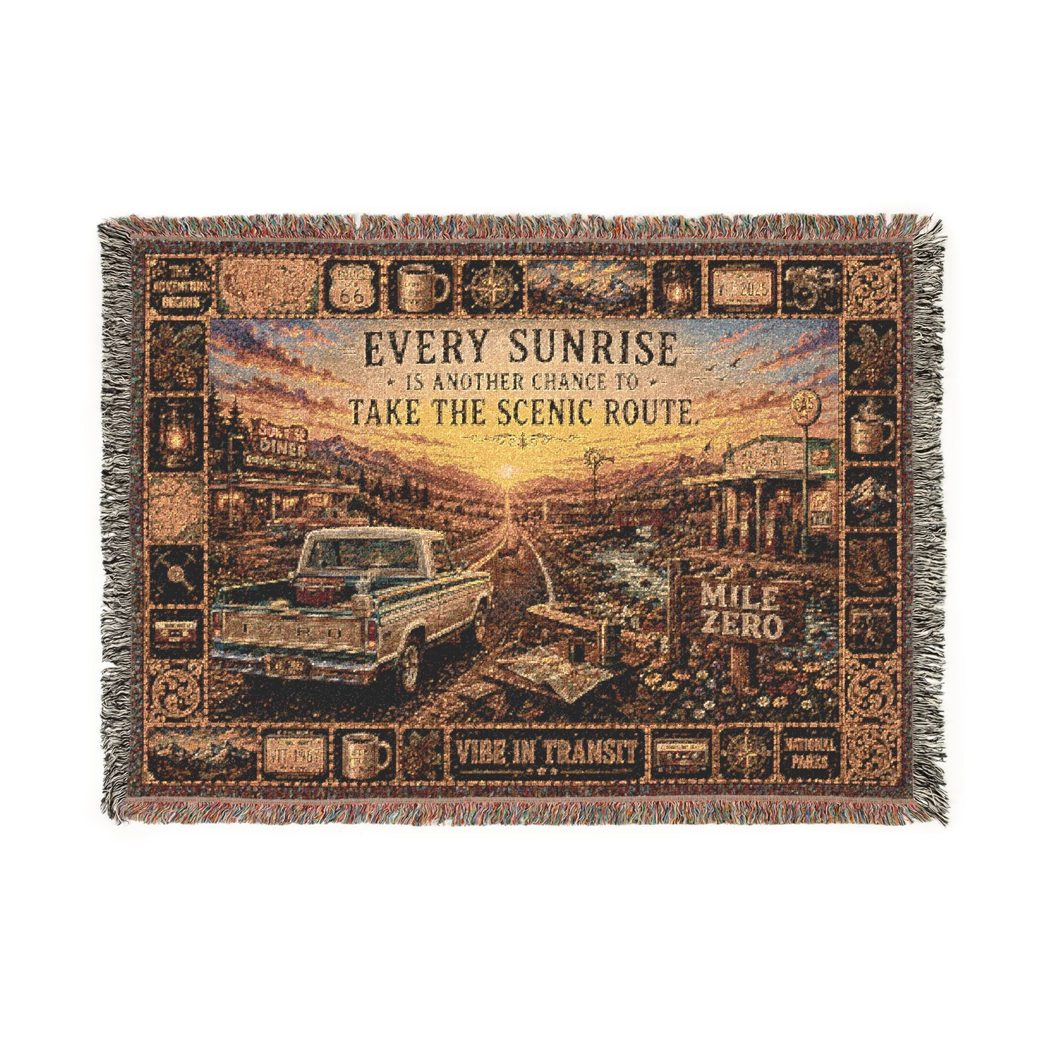 Morning at Mile Zero™ | Premium Woven Blanket | Vintage Americana Sunrise Tapestry | 52" × 37" | Vibe In Transit