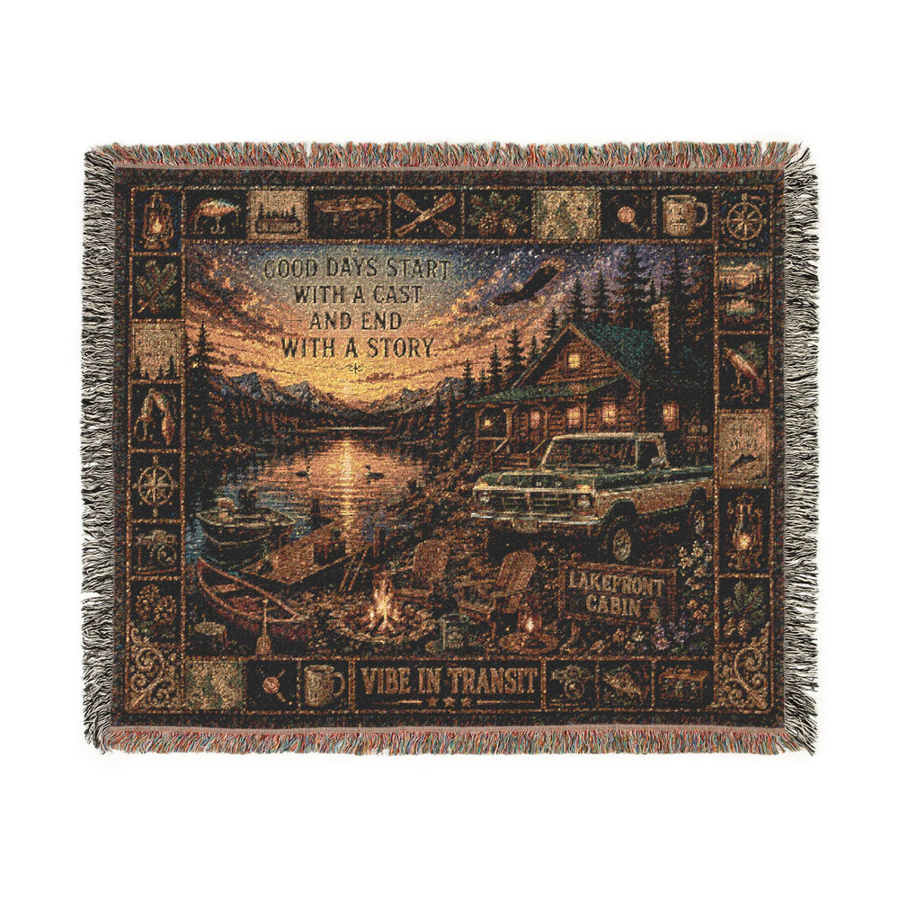 Lakefront Cabin™ | Premium Woven Blanket | Vintage Lakeside Retreat Tapestry | 60" × 50" | Vibe In Transit