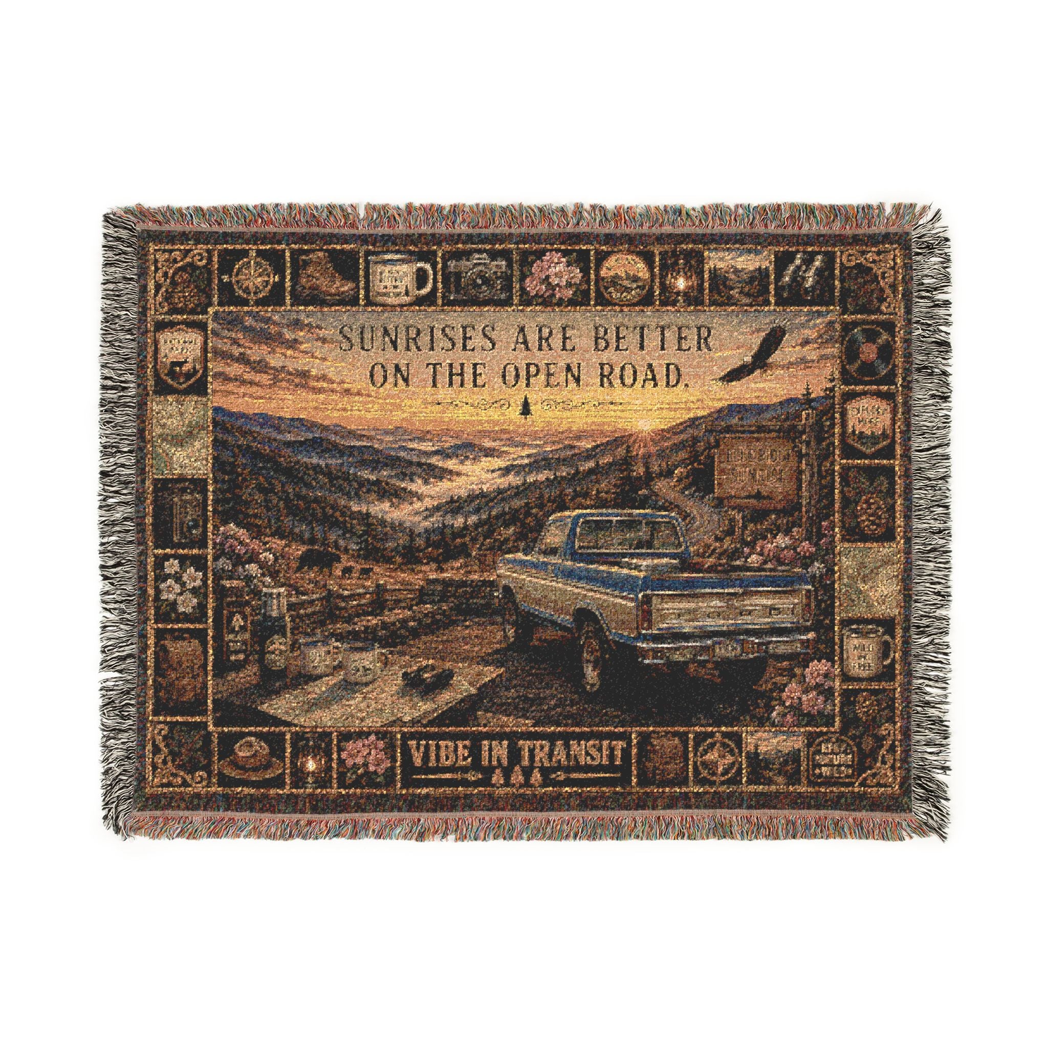 Blue Ridge Sunrise™ | Premium Woven Blanket | Vintage Mountain Parkway Tapestry | 80" × 60" | Vibe In Transit