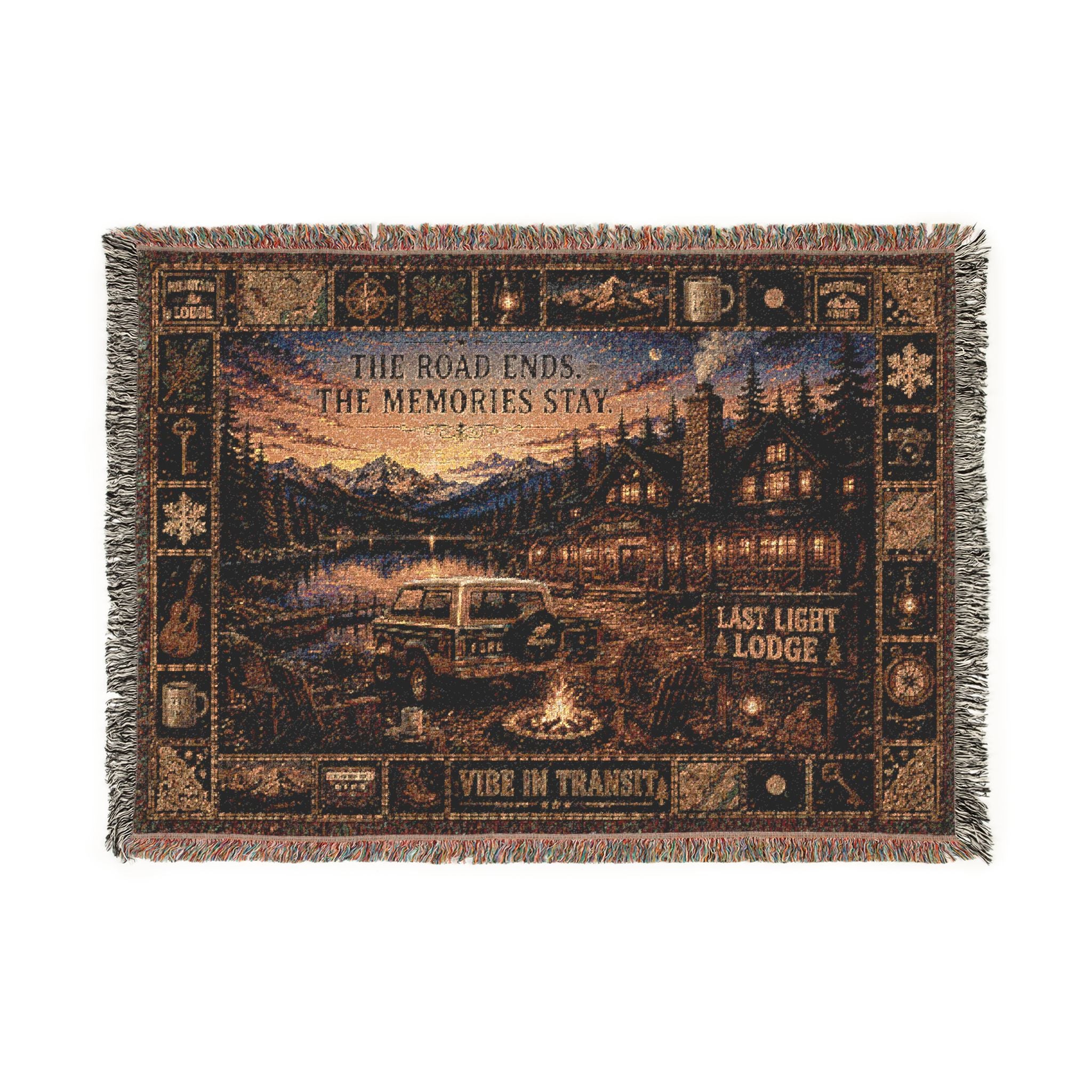 Last Light Lodge™ | Premium Woven Blanket | Vintage Mountain Lodge Tapestry | 52" × 37" | Vibe In Transit