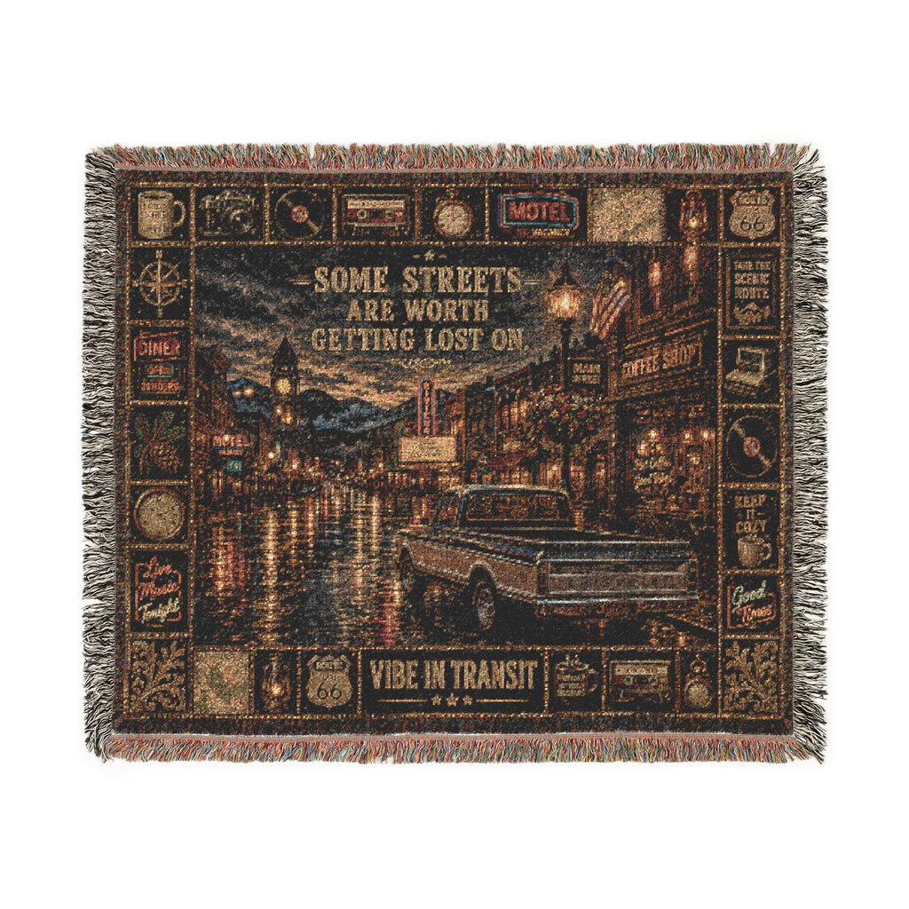 Rainy Main Street™ | Premium Woven Blanket | Vintage Small Town Tapestry | 60" × 50" | Vibe In Transit