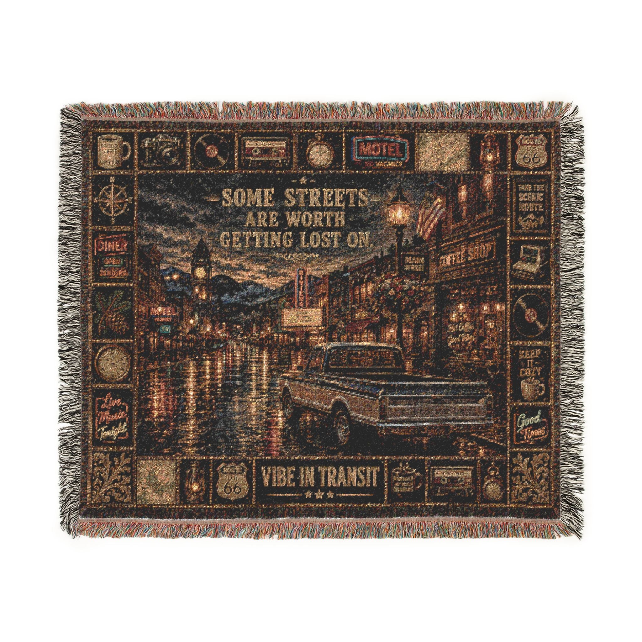 Rainy Main Street™ | Premium Woven Blanket | Vintage Small Town Tapestry | 60" × 50" | Vibe In Transit