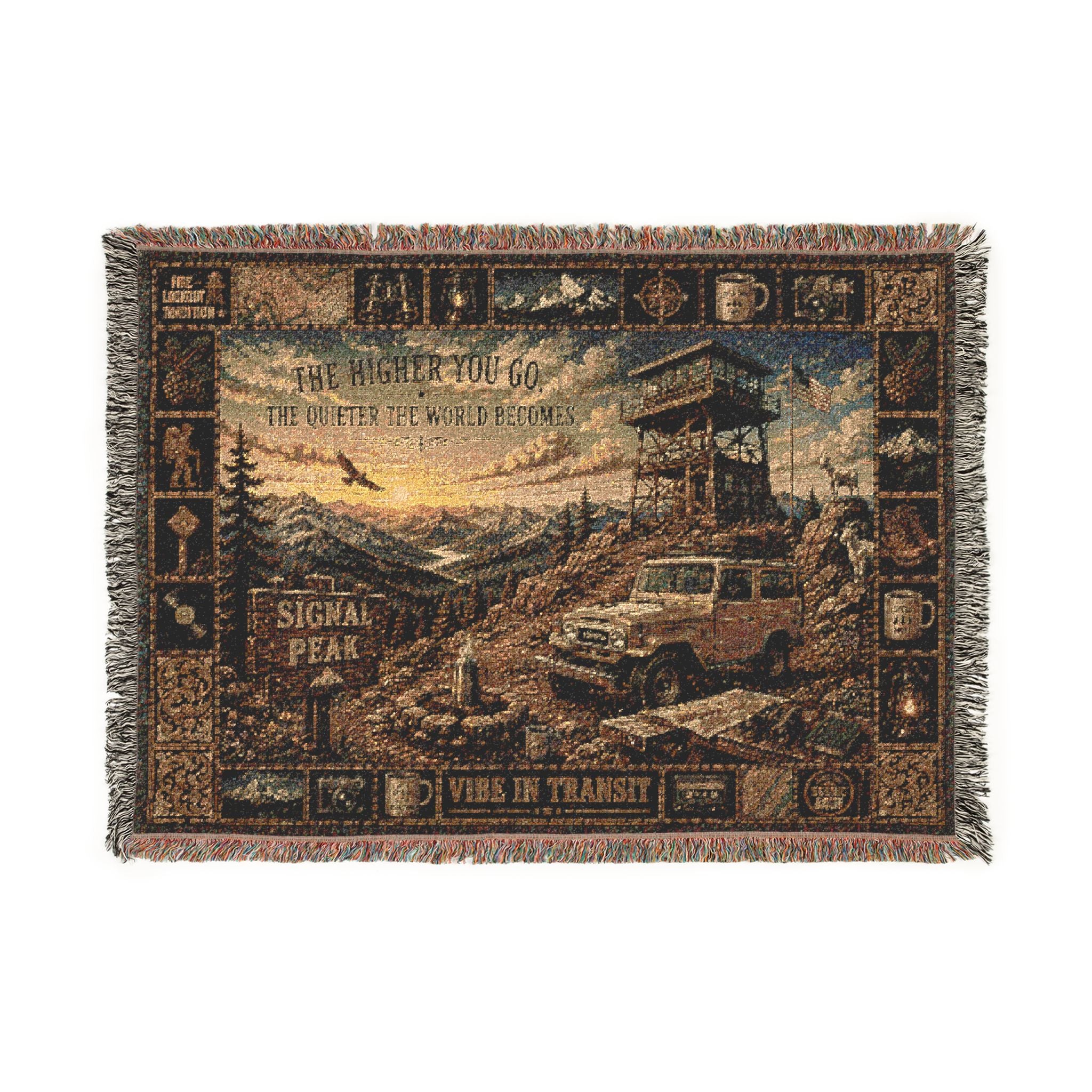 Signal Peak™ | Premium Woven Blanket | Vintage Fire Lookout Tapestry | 52" × 37" | Vibe In Transit