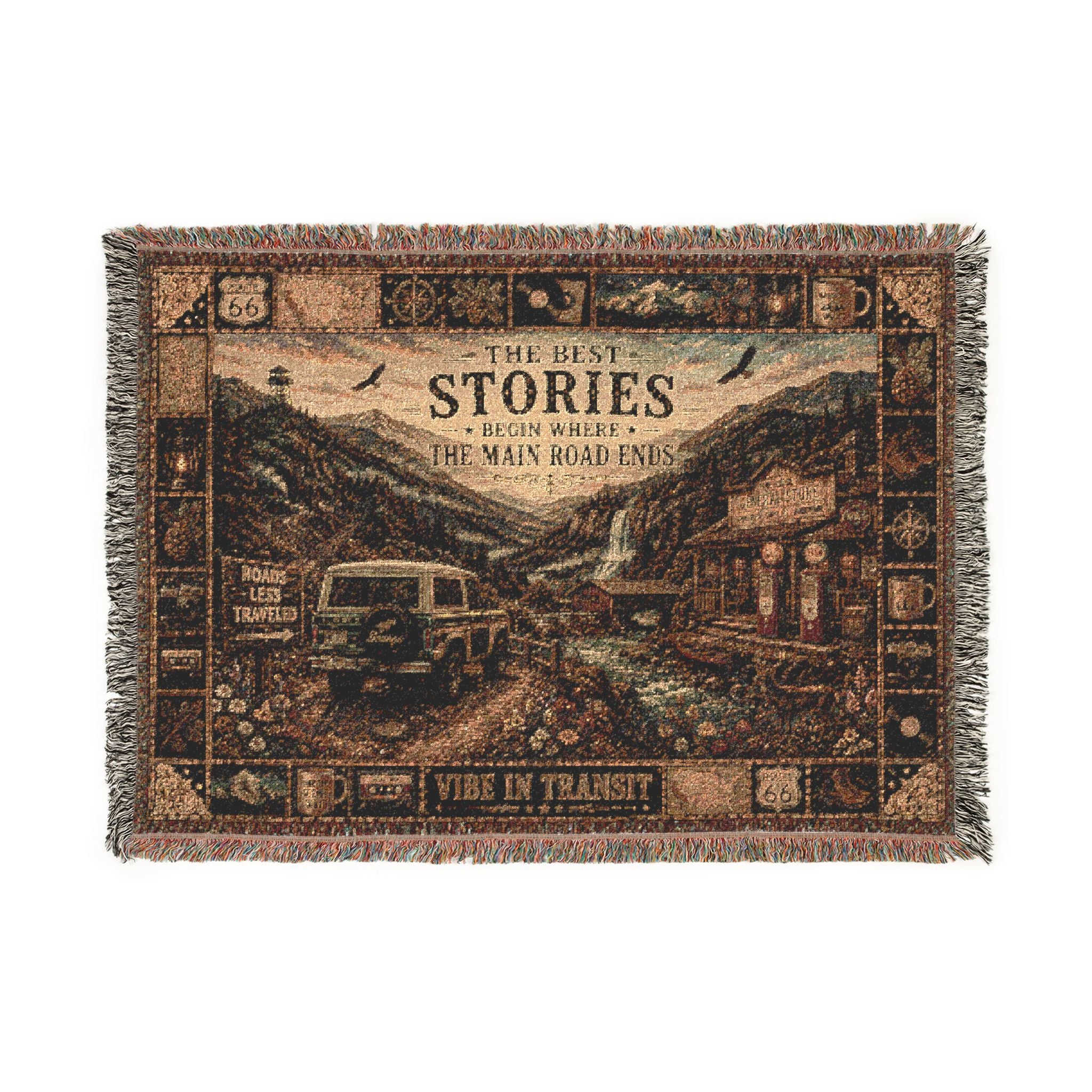 Roads Less Traveled™ | Premium Woven Blanket | Vintage Americana Highway Tapestry | 52" × 37" | Vibe In Transit
