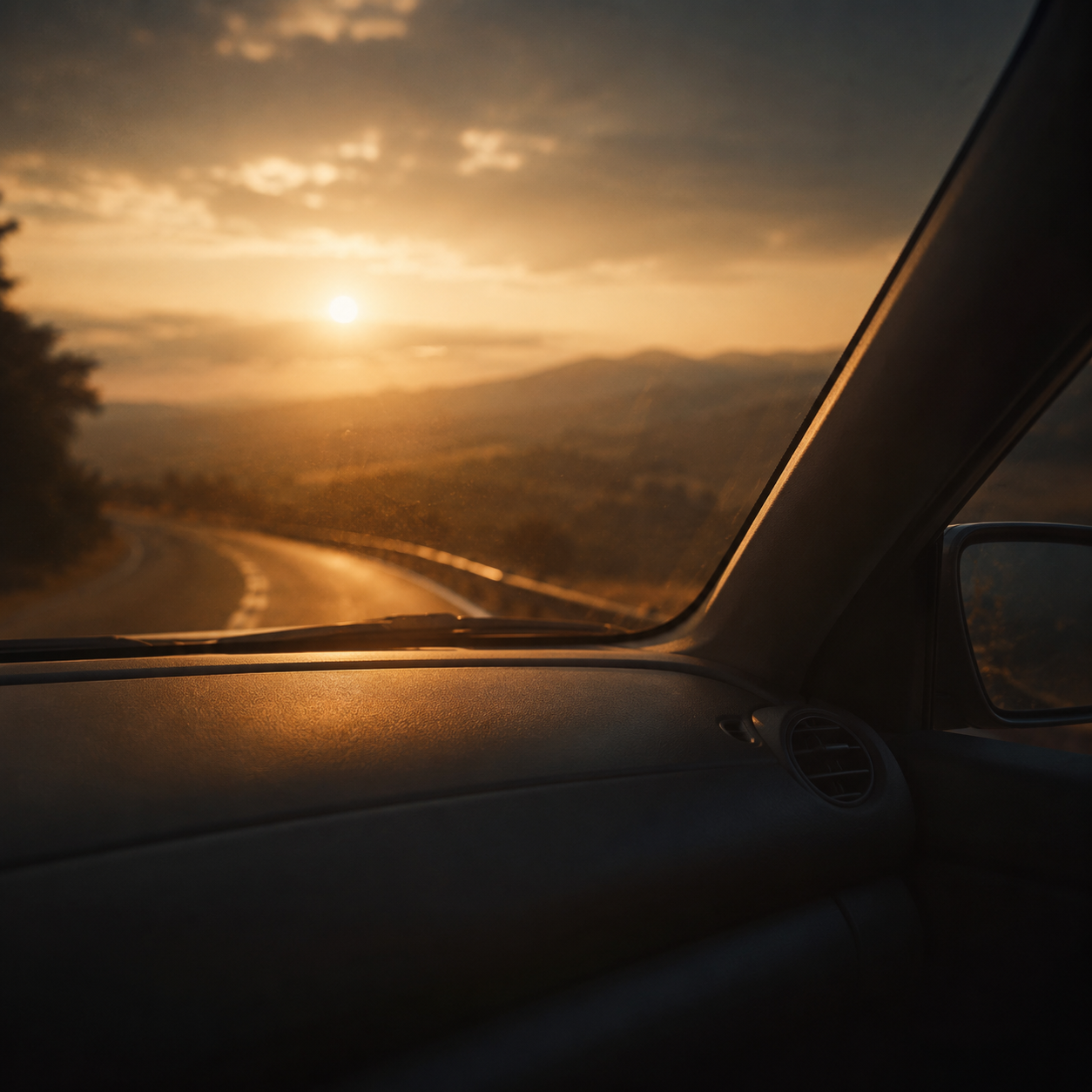 Passenger-side dashboard view during a sunset drive